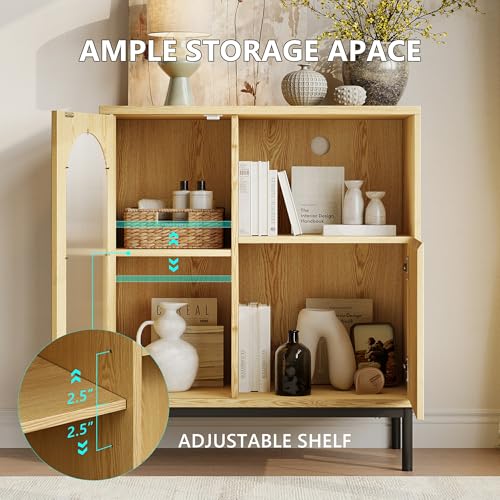 Einhomn Sideboard Buffet Cabinet Set of 2 with Fluted Glass Doors and Adjustable Shelf, Wood Modern Accent Cabinet with Storage for Kitchen, Entryway, Living Room, Natural by Einhomn - Used condition - Image 6