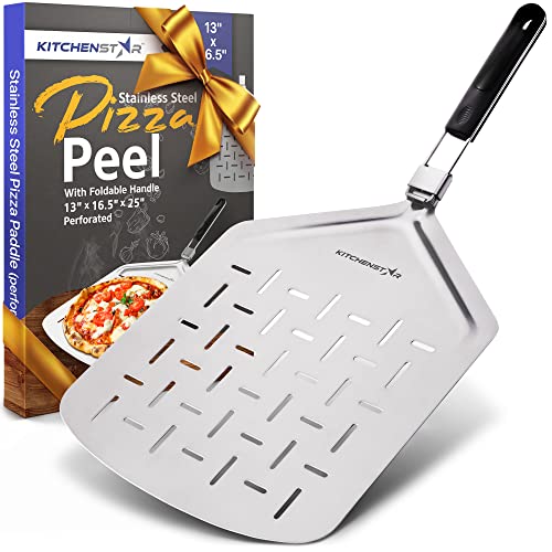 KitchenStar Perforated Stainless Steel Pizza Peel with Folding Handle (13 x 16.5 Inches) for Oven Pizza Turning, Placement and Retrieving - Professional Baking Tools Series