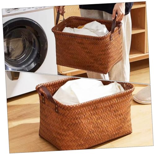 Cesta para ropa sucia tejida con asas café para juguetes 6