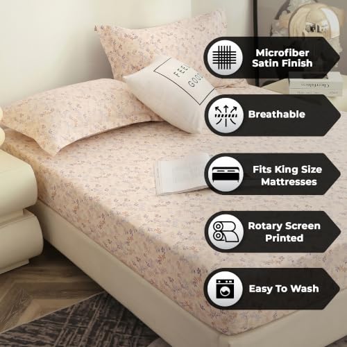 Image of Story@Home King Size Bedsheet | Cloud Cotton Fitted Sheet King Size with Two Pillow Covers| Super Soft Bed Sheet for King Size Bed | Floral Design (270 x 250 cm, Ivory Pink)