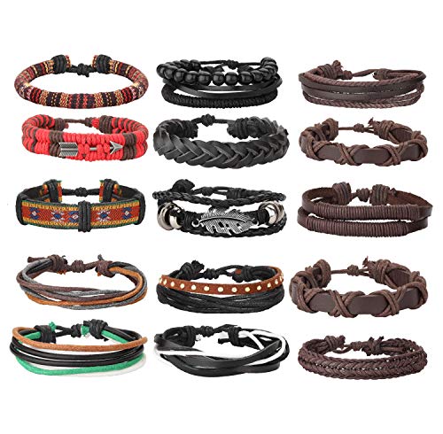 MILACOLATO 22-32 Pcs Braided Leather Bracelet for Men Women Woven Wrist Cuff Bracelets Hemp Cords Wood Beads Ethnic Tribal Handmade Wrap Adjustable2