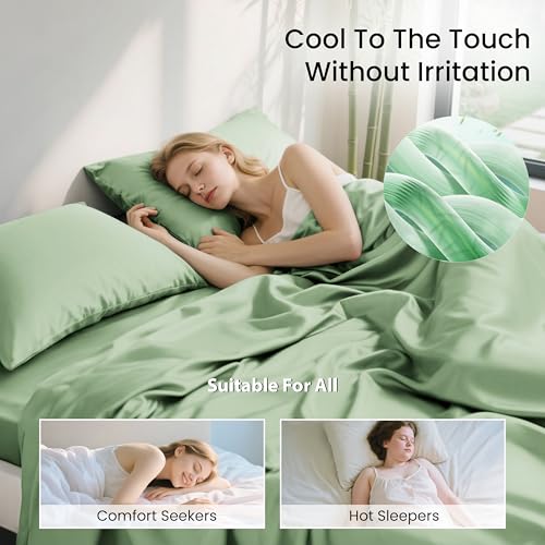 Image of Love's cabin 4 Piece Queen Sheet Set, 100% Rayon Derived from Bamboo, Cooling & Breathable, Soft Silky Deep Pocket up to 16 inch, Hotel Luxury Bedding for Hot Sleepers, Sage Green