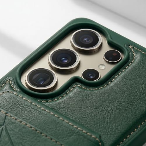 Image of amazon basics Premium Vegan Leather Back Cover with Card Holder and Integrated Mobile Stand for Samsung Galaxy S26 Ultra 5G - Slim Shockproof Wallet Case with Geometric Stitching [Green]