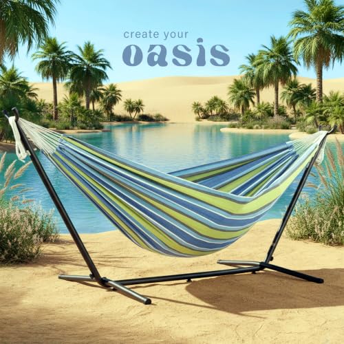 Image of Vivere Double Cotton Hammock with Space Saving Steel Stand, Upgraded Polyester End Strings 450 lb Capacity - Premium Carry Bag Included (Oasis)