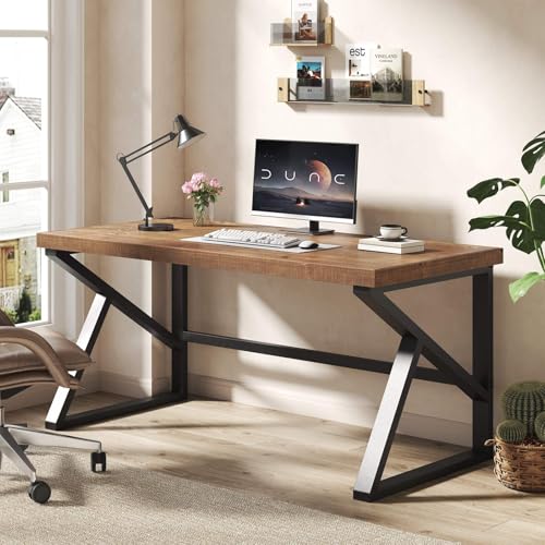 IBF Scrivania per computer in vero legno, 152 cm, rustica, per casa e ufficio, tavolo da studio in legno massiccio, postazione di lavoro per la casa, per scrivere, giocare, lavorare, marrone