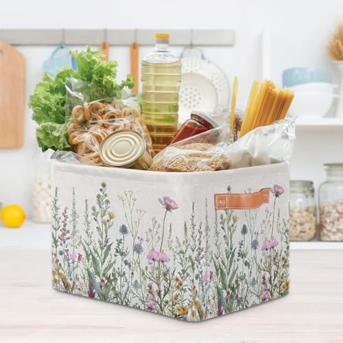 Image of Wildflowers Plants Storage Baskets for Organizing, Fabric Collapsible Storage Bins Box Spring Esthetical Decorative Toy Organizer Baskets for Closet Shelves Gift Basket 2Pcs