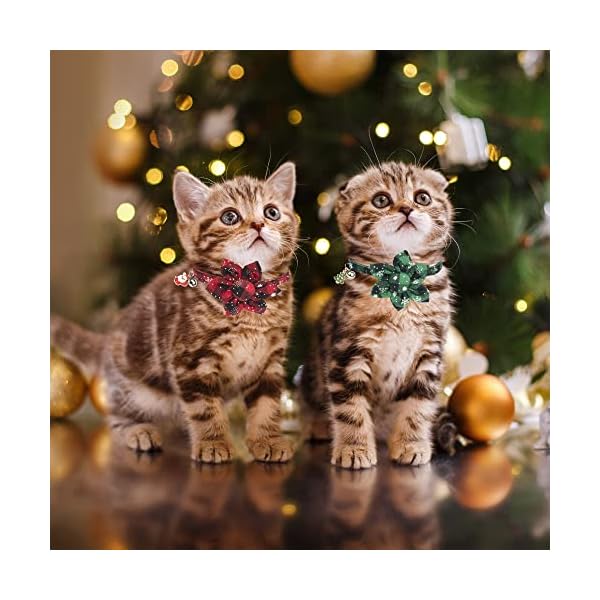 Adoggygo christmas cat collars with flower bell, 2 pack breakaway cat christmas collar with removable floral, red green plaid flower collars for cats (snowflake plaid) - image 4