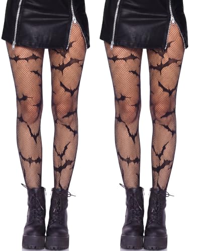 Syhood 2 Pairs Women Fishnet Tights Stockings High Waist Legging Stocks Stretchy Pattern Lace Pantyhose for Halloween Cosplay(Bat Black)