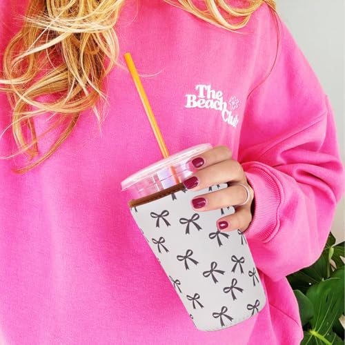 Image of Reusable Insulated Neoprene Iced Coffee Cup Sleeve, Durable Drink Sleeve for Cold Beverages, Beverage Holder for Iced Coffee (Cream Bow)