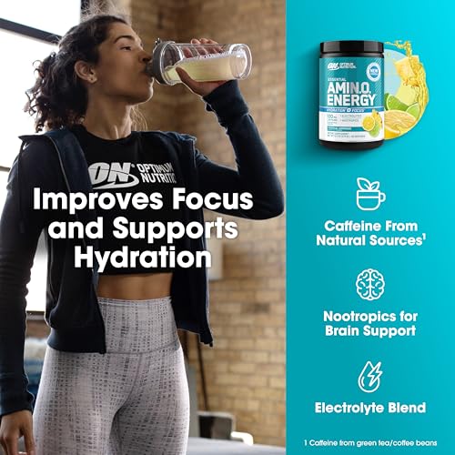 Image of Optimum Nutrition Amino Energy Powder Plus Focus, with BCAA, Electrolytes, and Caffeine, Tropical Lemonade, 30 Servings (Packaging May Vary)