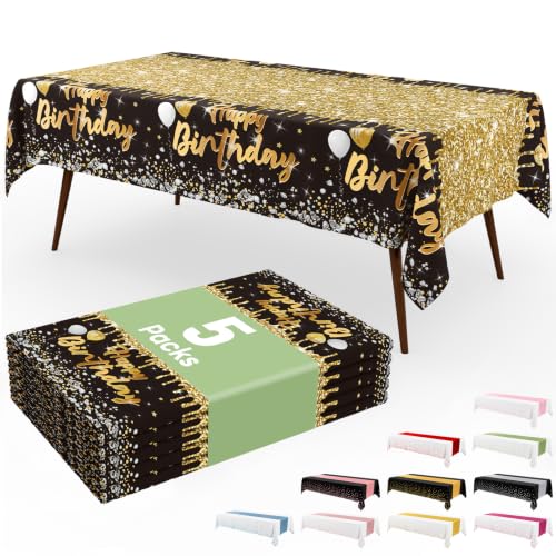 Image of Smiry Plastic Table Cloth Disposable 5 Pack, 54 x 108 Inch Rectangle Waterproof Tablecloth, Printed Gold Table Runner Style for Birthday Weeding, Party Decorations, Leakproof & Sturdy, Black and Gold