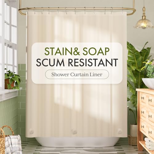 Image of Bathway Shower Curtain Liner, Beige Shower Curtain Liner 72x72 PEVA Waterproof Shower Curtain Liner Plastic with 3 Magnets and 12 Rustproof Metal Grommets, Lightweight Shower Liner for Bathroom