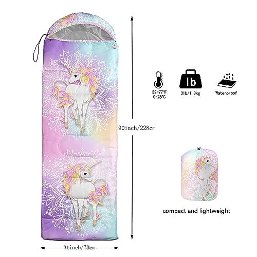 Bolsa de Dormir CVHOUSE Unicornio Arcoíris para Camping, 3 Temporadas, Ligera y Impermeable, Para Adultos y Niños, 31x90 pulgadas, Estándar miniatura 3