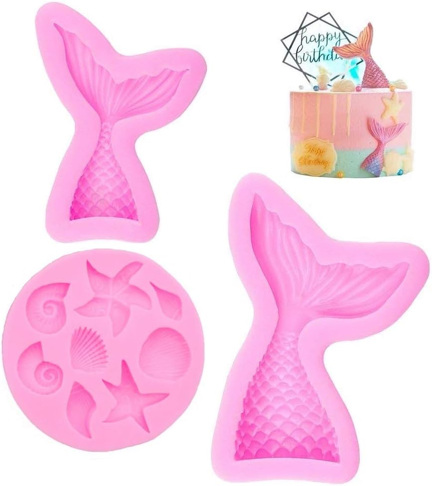 Mermaid Theme Cake Mold,Mermaid,Seashell,Coral,Starfish Silicone Mold Cupcake Toppers Mold for Candy,Chocolate,Fondant,Polymer Clay,Crafting Projects & Cake Decoration