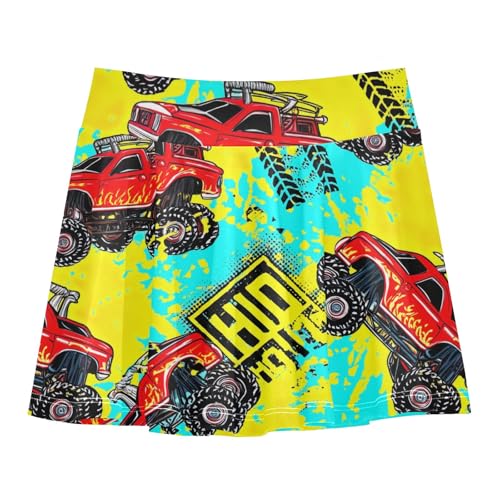 CHIFIGNO Red Monster Trucks Yellow Teal Little Girls Tennis Skirts with Shorts Pleated Athletic Skorts Golf Dance Skirt 3-4T