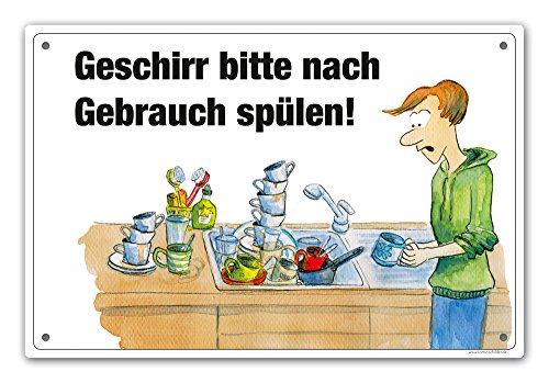 Comic-Schilder.de Schild 'Geschirr bitte nach Gebrauch spülen' (300 x 200 mm, Alu-Dibond, weiß, einfach)