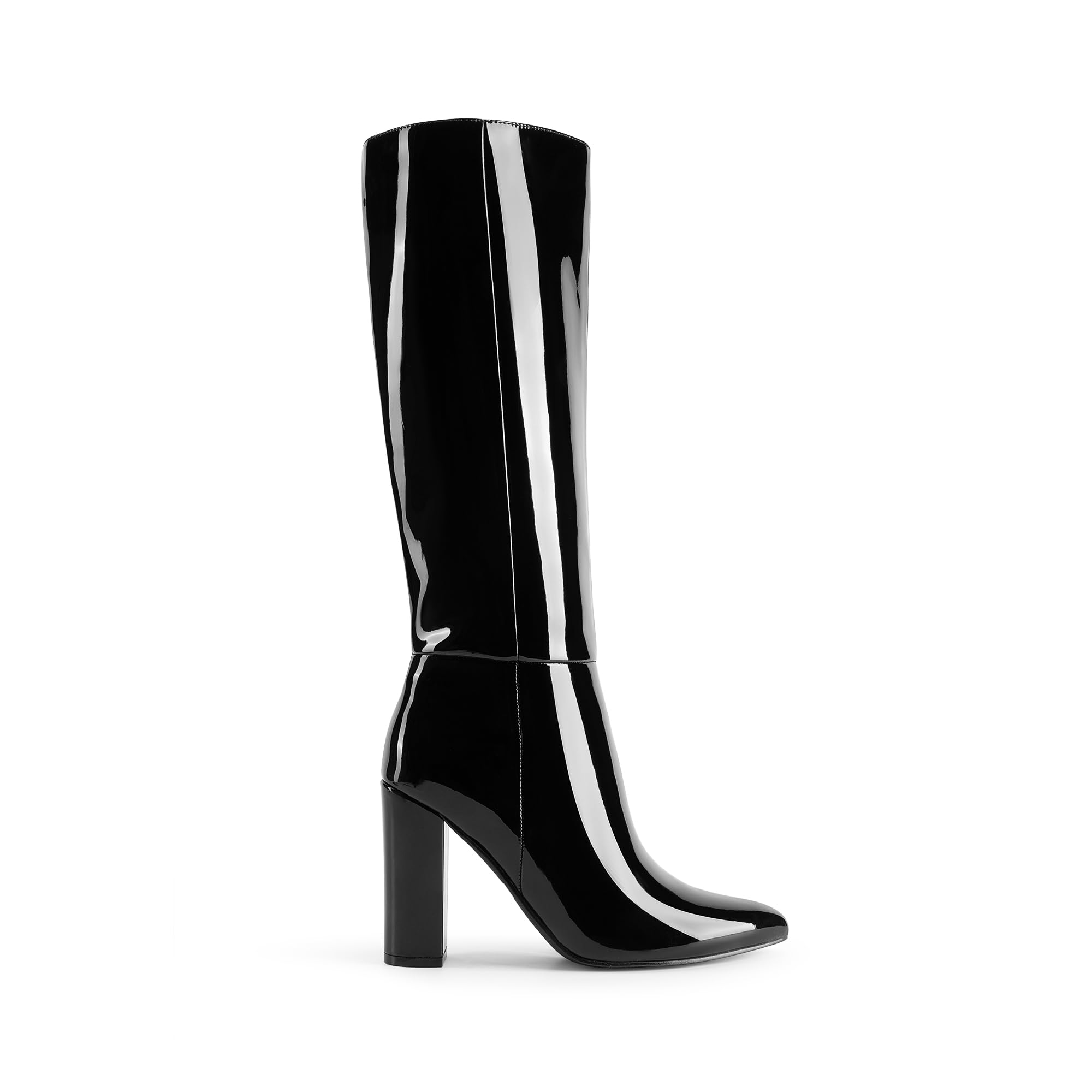 DREAM PAIRS Stivali da donna al ginocchio, comodi tacco a blocco grosso, punta a punta, cerniera laterale, stivali da equitazione in pelle scamosciata SDKB2406W, Pat nero, 40 EU