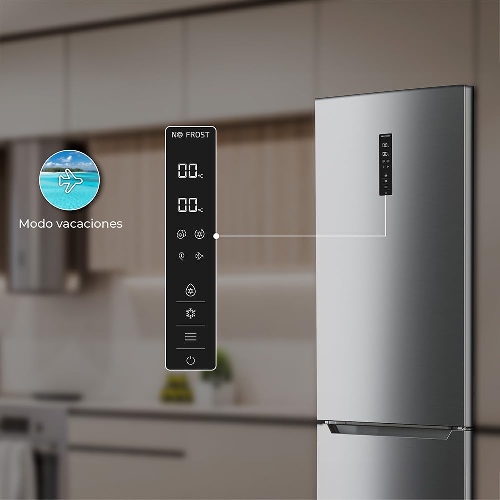 Cecotec Frigorífico Combi Bolero CoolMarket Combi 356 Inox E. Compresor Inverter Plus Frigorífico Combi Inox 200X59.5Cm, 356L, No Frost, Clase E, Multiairflow, Fast Cooling, Puerta Reversible