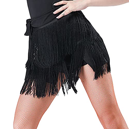 Women's Dance Skirts Ballroom Latin Dance Dress Tango Dance Skirt Apron Tassel Skirt Dance Practice Performance Hip Scarf (Black-Two Tassel) #TOP2