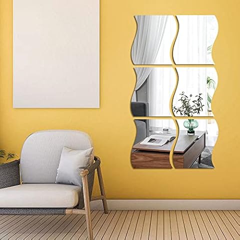 3D Wavy Mirror Wall Stickers, 6PCS Mirror Art DIY Home Decorative Acrylic Mirror Wall Sheet Plastic Mirror Tiles for Home Living Room Bedroom Sofa TV Setting Wall Decoration Decor Decal Cover
