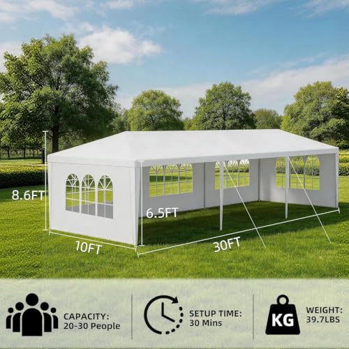 Image of 10x30 White Canopy Tent with 5 Removable Sidewalls and Windows, Waterproof Outdoor Party Gazebo Tent for Backyard Wedding Events BBQ Graduation