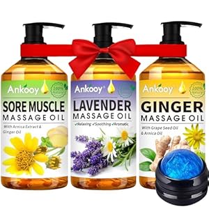 3 Pack Massage Oil for Massage Therapy,Sore Muscle Arnica Oil & Relaxing Lavender Oil & Ginger Oil Lymphatic Drainage & Massage Ball,Lymphatic Drainage Massager Body Oil,Massage Kit Gifts for Women
