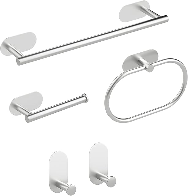 Eucomir Towel Rail Wall Mounted, 5 Pieces Bathroom Accessories Set, Toilet Roll Holder Self Adhesive, Towel Hook Towel Ring 304 Stainless Steel Bath Hardware Hand Towel Bar No DrillingSilver