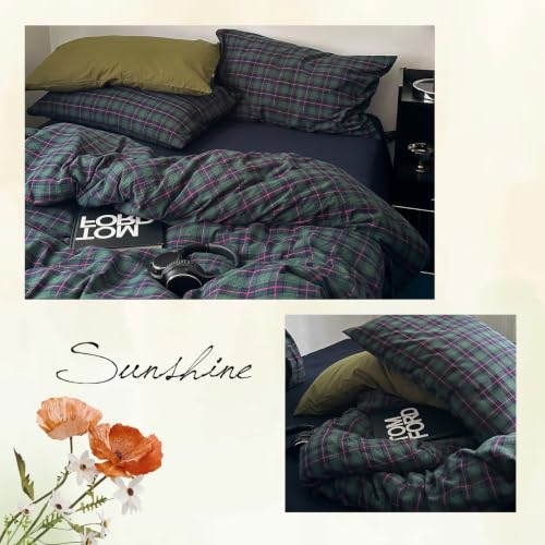 Image of VM VOUGEMARKET Green Gingham Duvet Cover King 100% Washed Cotton | Classic Green Navy Pink Plaid Checkered Comforter Cover Set for Contemporary Bedroom Decor