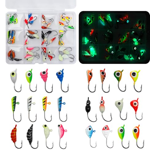 48Pcs Mini Metal Ice Fishing Jigs Kit - Luminous, Sharp Hooks for Winter Fishing Crappie Pike...