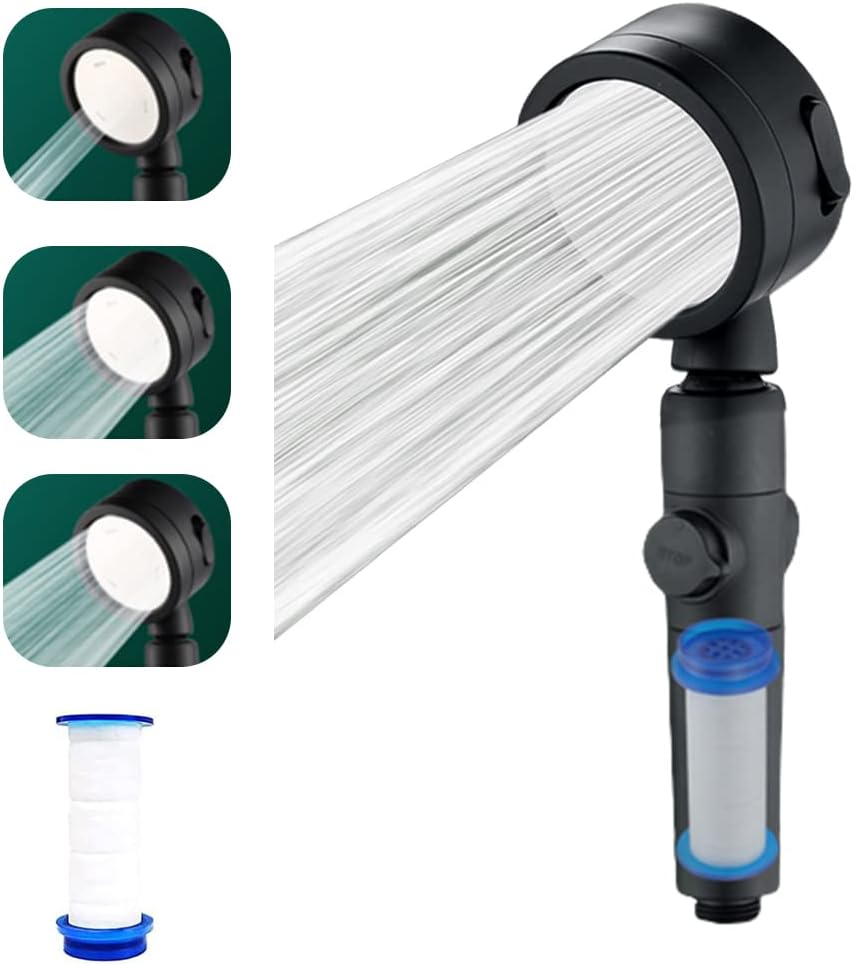 Handheld Shower Head Set with Filter, Necomi Detachable Showerhead High Pressure with 3 Modes, Removes Chlorine, ON/Off Leakproof Black رأس دش