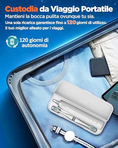 Spazzolino Elettrico Sonico Per Sbiancante Denti - Spazzolino Denti Sonico Adulti Con Custodia Da Viaggio, 5 Modalità, Impermeabile IPX7, Spazzolino Elettrico Da Viaggio Ricaricabile, Bianco Perla - 6
