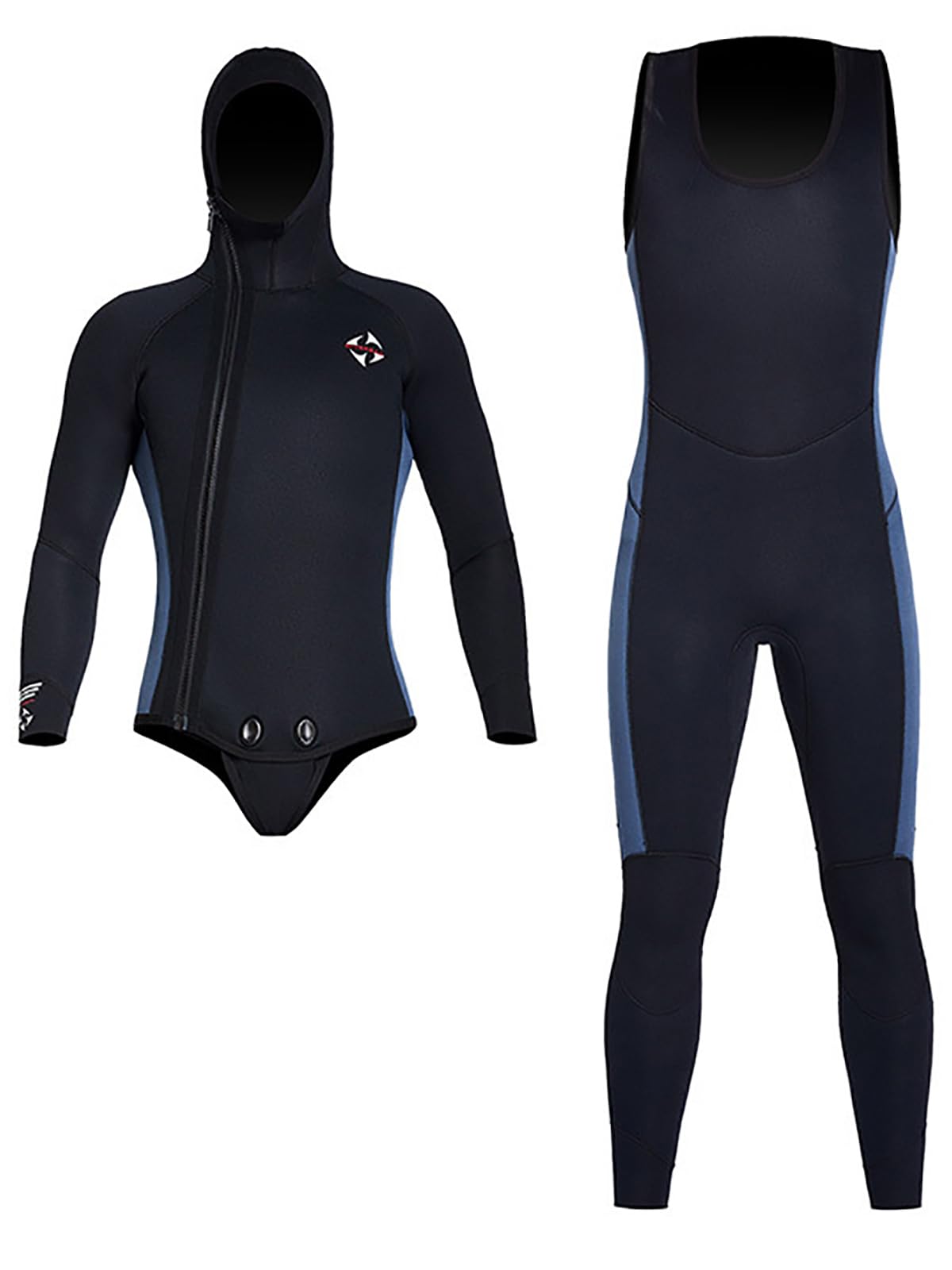 WYYHAA 5MM Neoprene Spearfishing Wetsuit for Men – 2-Piece Front Zipper Diving Suit with Fleece Lining, Hooded and Bib Pants – Glued Blind Stitched, Smooth Skin Cuffs, Black,XL