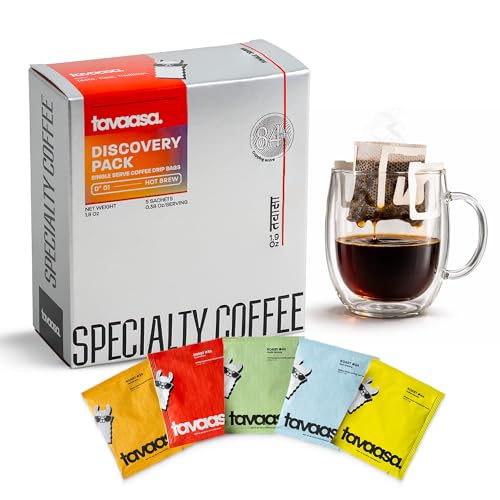 Tavaasa Specialty Drip Coffee, Single Serve Pour Over Coffee No Equipment, Discovery Pack 5 Count, Single Origin India, 100% Arabica, Nitrogen Flushed, Assorted Roast