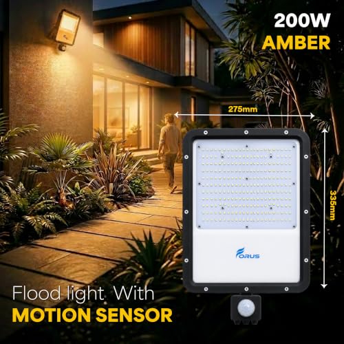 Image of Forus 200W LED Flood Light Amber with Motion Sensor Auto On Off Day Night Mode Waterproof Outdoor Security Light for Garden Parking Garage Factory Backyard Shop High Bright Floodlight 4Yr Warranty-1Pc