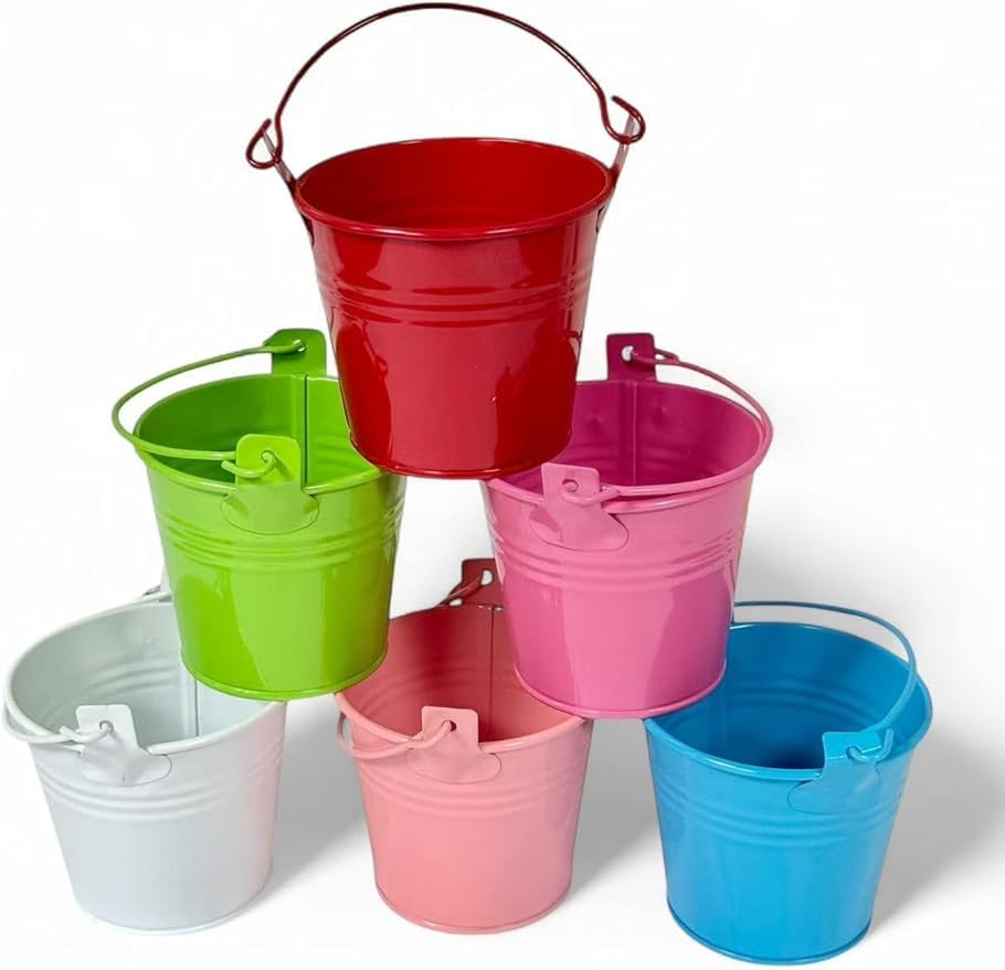 ALUNA Colourful Metal Plant Pots – Set of 6 Mini Garden Planters with Handles, Bright Garden Decor for Indoor & Outdoor Use, Small Flower Buckets for Herbs or Succulents