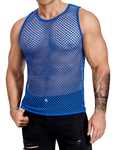 COOFANDY Sexy Shirts for Men Mesh Top Blue Tank Top Men Fashion Muscle Tees Sleeveless Party Top Fishnet Outfit