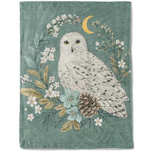 ainori Elegant Owl Fleece Blanket Mystic Bird with Moon and Floral Blankets Soft and Warm Decorative Throws for Sofa Living Room Travel Lightweight Throw Gifts for Nature Lovers Women 50x60