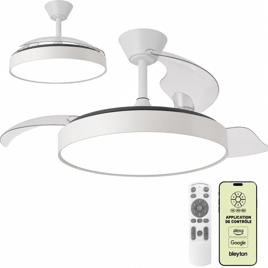 BLEYTON Ventilateur de plafond à pales rétractables moteur CC silencieux 36W 107 cm | Ventilateur NOVA avec commande par télécommande et WIFI, App et Voix | Couleur Blanc Lumière LED | 6 vitesses |