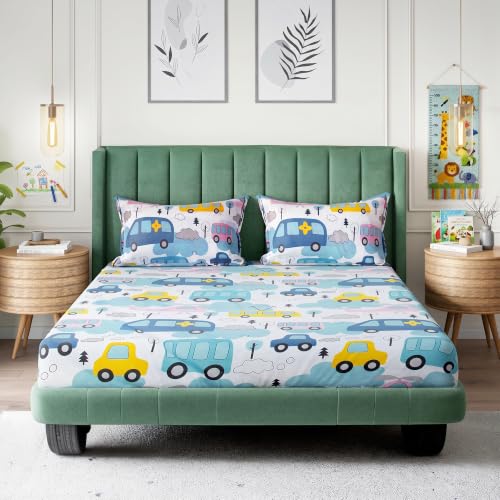 Image of Amazon Basics - 100% Cotton Kids Bedsheet | 144TC |Fitted Queen Bed Sheet with 2 Pillow Cover|Soft Cotton | Cartoon Print | 78 Inch x 60 Inch - 8 Inch Drop, Car Themed Queen Bedsheet