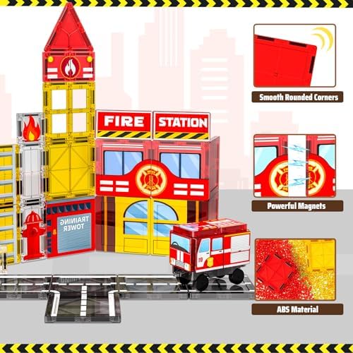 SKTMYY Fire Station Magnetic Tiles Building Toys for Kids Ages 4-8