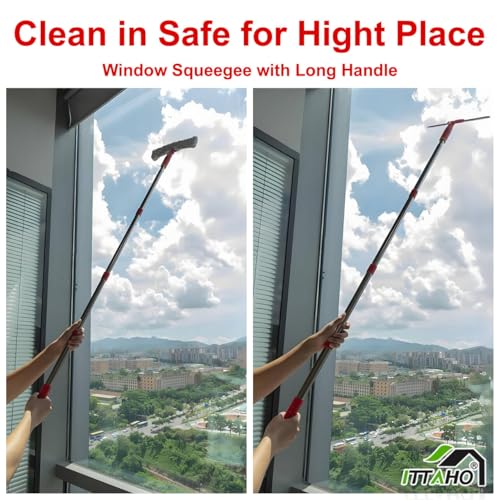 Image of Squeegee for Window Cleaning, 12 inch Squeegee and 11 inch Microfiber Scrubber Combi with Stainless Steel Pole, Extendable Window Cleaner for Car, Sliding Door, Shower Glass Door-Swivel Style-2 Pads