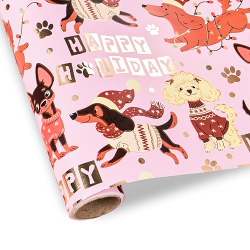 Dlyrroba Reversible Christmas Wrapping Paper Roll - Metallic Foil Gift Wrap with Pink Gold Dog Happy Holiday, Matte Solid Color Design for Holiday Winter (Dog Christmas, 17 inch X 16.5 feet)