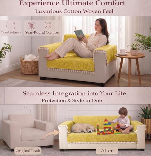 Image of STITCHNEST Woven Fabric Sofa Cover 3 Seater with 2 Hand Rest Covers - Washable Green Sofa Cover with Tassels - Durable Premium Fabric - Stylish Sofa Protector for Living Room & Furniture Decor