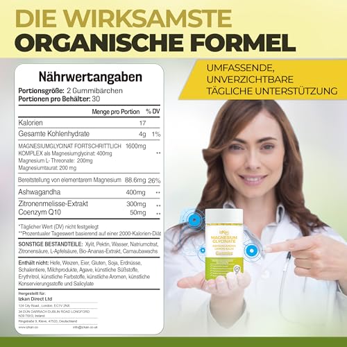 Magnesiumglycinat-Gummibärchen 1600 mg zuckerfreies Magnesiumpräparat mit Ashwagandha, Zitronenmelissenextrakt und CoQ10 für eine ruhige Stimmung und Muskeln, Schlafunterstützung 60 Gummibärchen (1)