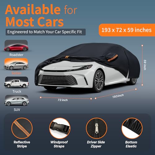 Car Cover Waterproof All-Weather,Outdoor Full Exterior Covers for Automobiles Sedan(Length 186-193 inch) with Windshield Sun Shade Universal Fit Honda Civic,Toyota Camry,Tesla Model 3,etc - Image 3