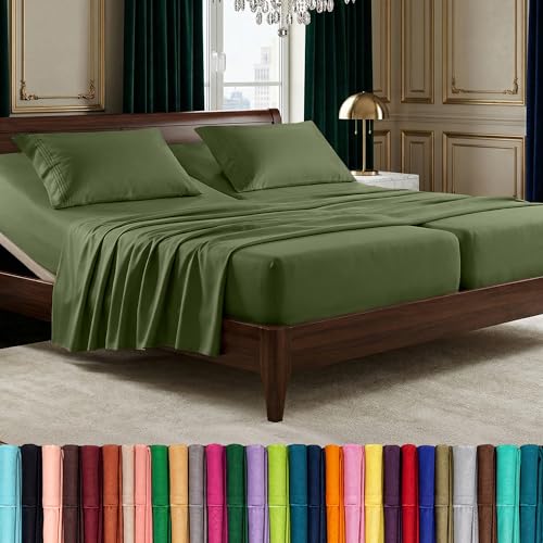 Image of Elegant Comfort Luxurious 1500 Premium Hotel Quality Microfiber Three Line Embroidered Softest 5-Piece Bed Sheet Set, Wrinkle and Fade Resistant, Split King, Sage-Green