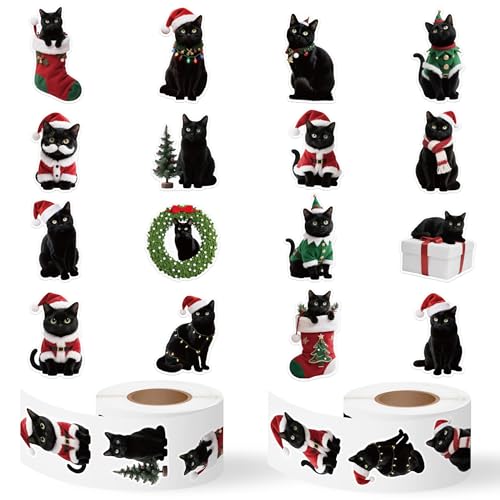Image of Christmas Black Cat Stickers - 600 Pcs Christmas Black Cat Waterproof Vinyl Reusable Laptop Stickers Coloring Book Scrapbook Water Bottle Page Activity Pad Party Favors Skateboard Giftwrap