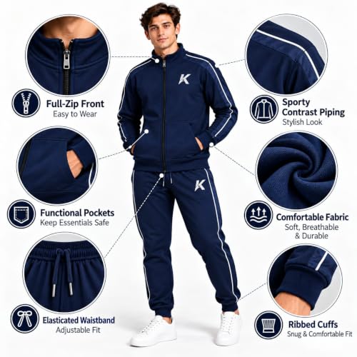 Image of Krystle Men's Tracksuit Set | Full Sleeve Zipper Jacket & Track Pants | Sportswear Tracksuit for Gym, Running, Workout & Casual Wear (Blue,Multisize)