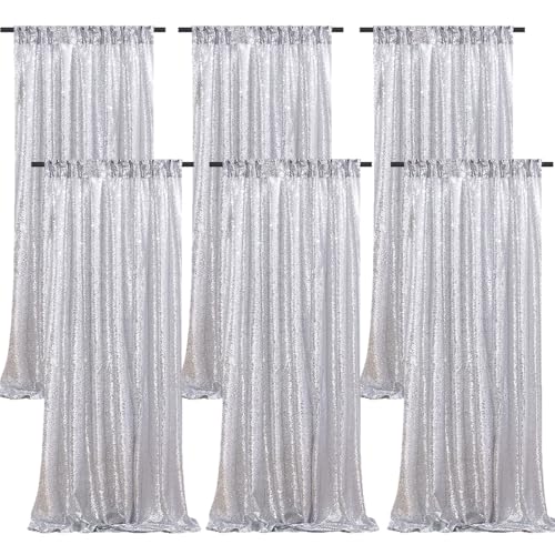 B-COOL Silver Sequin Backdrop Curtains: 6 Panels 2ftx8ft Silver Curtain Background for Disco Party Wedding Photography Party Background Decorations