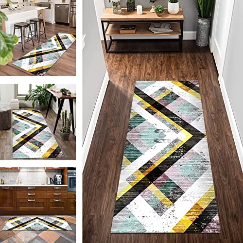 Tappeto Passatoia Cucina Antiscivolo Lavabile Lungo Tappeti Runner 70X150CM Tappetini per il bagno, Grigio Bianco Rosa Geometria Tappeto Casa Poliestere Corridoio Entrata Soggiorno Camera da Letto